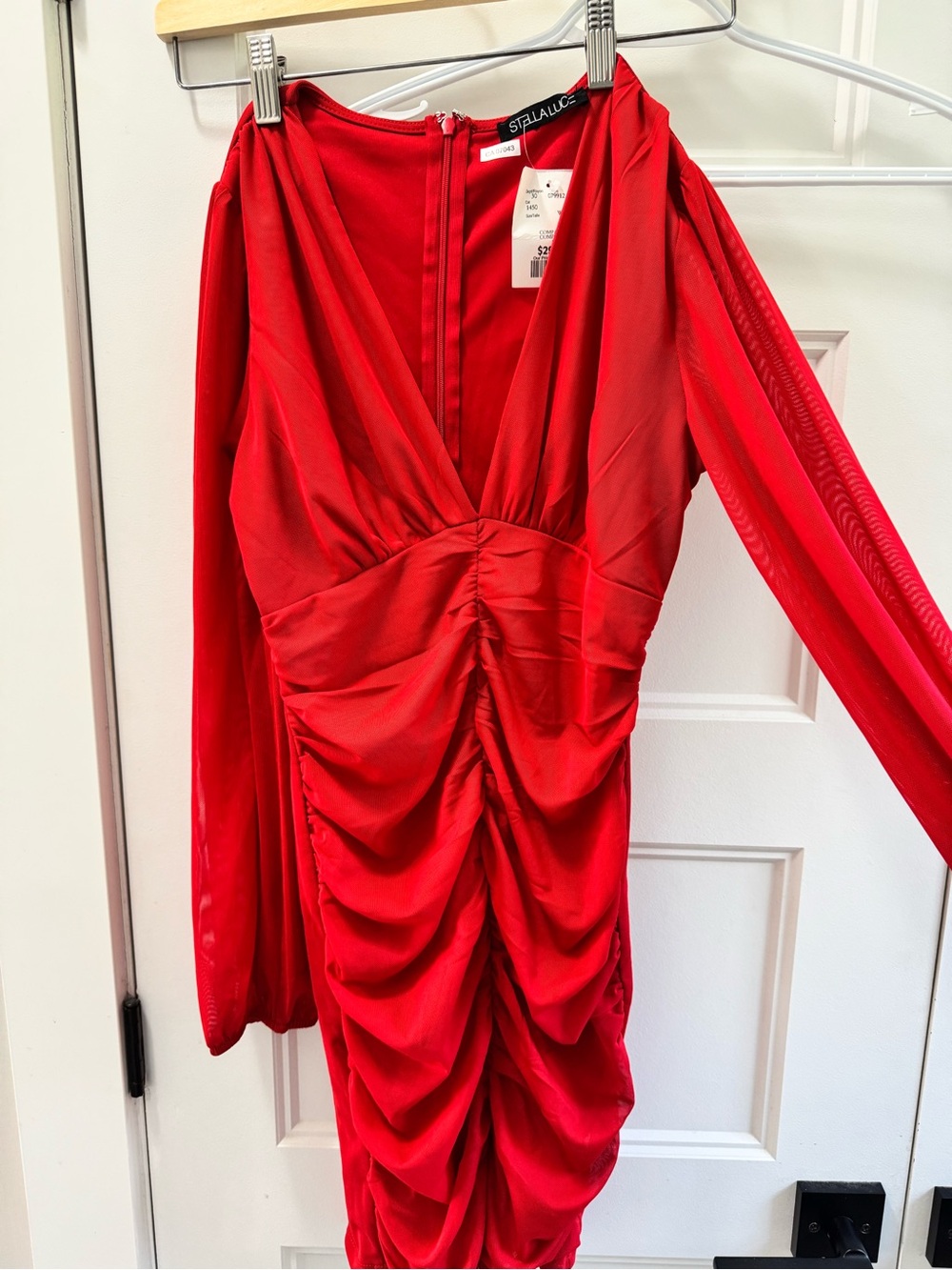 Stella Luce Red Long Sleeve Ruched V-Neck Dress